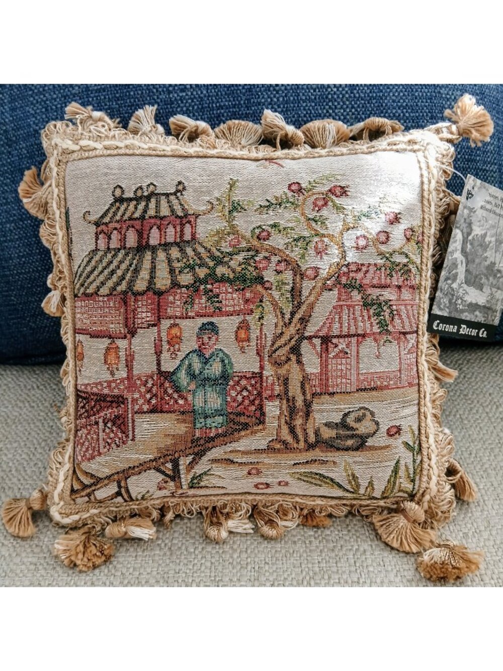 Corona Decor Chinoiserie Tapestry Pillow Tassel Cotton Wool 10x10